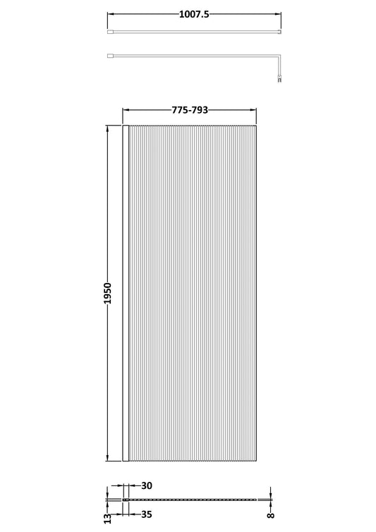 800mm Fluted Wetroom Screen with Support Bar Brushed Brass