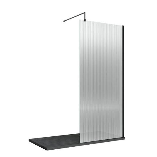 800mm Fluted Wetroom Screen with Support Bar Matt Black