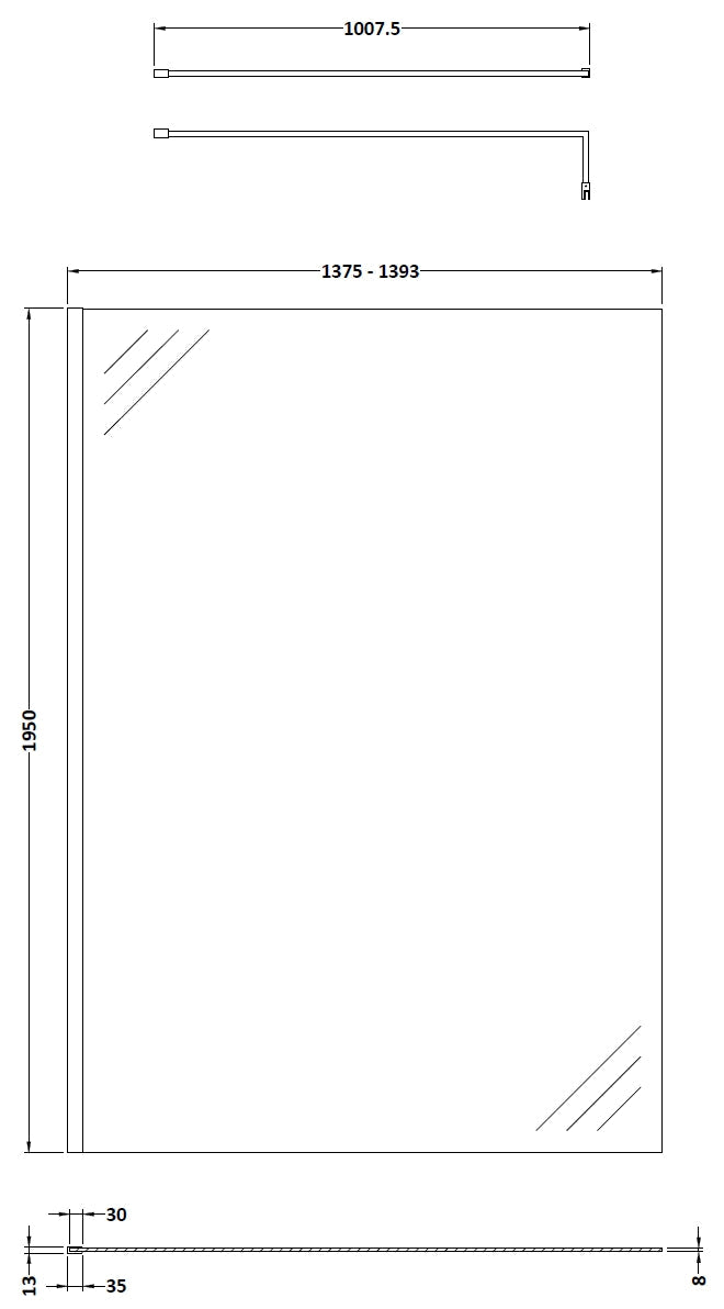 1400mm Wetroom Screen With Brass Support Bar
