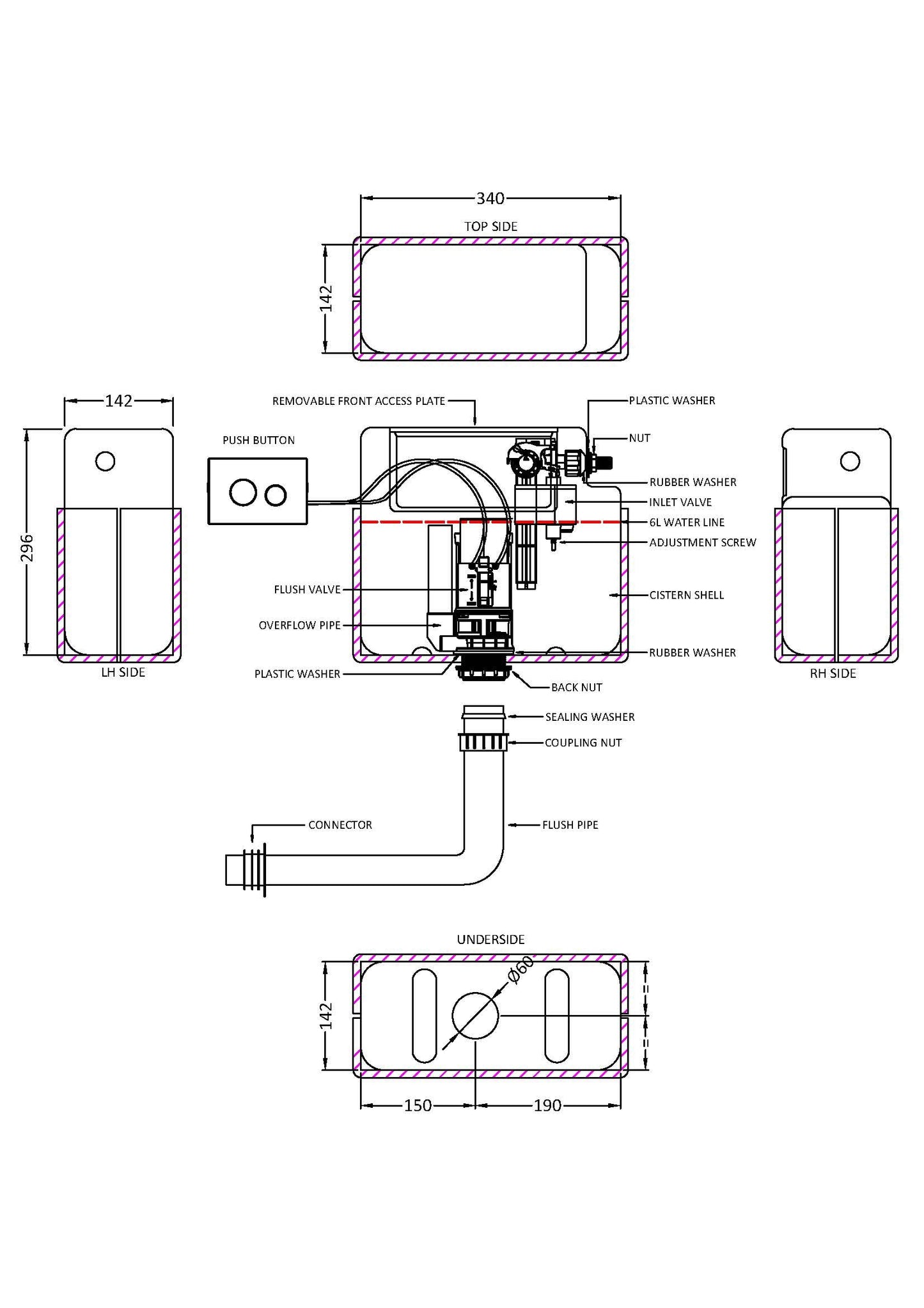 Ceramics Accessories Pneumatic Dual Flush Universal Access Concealed Cistern